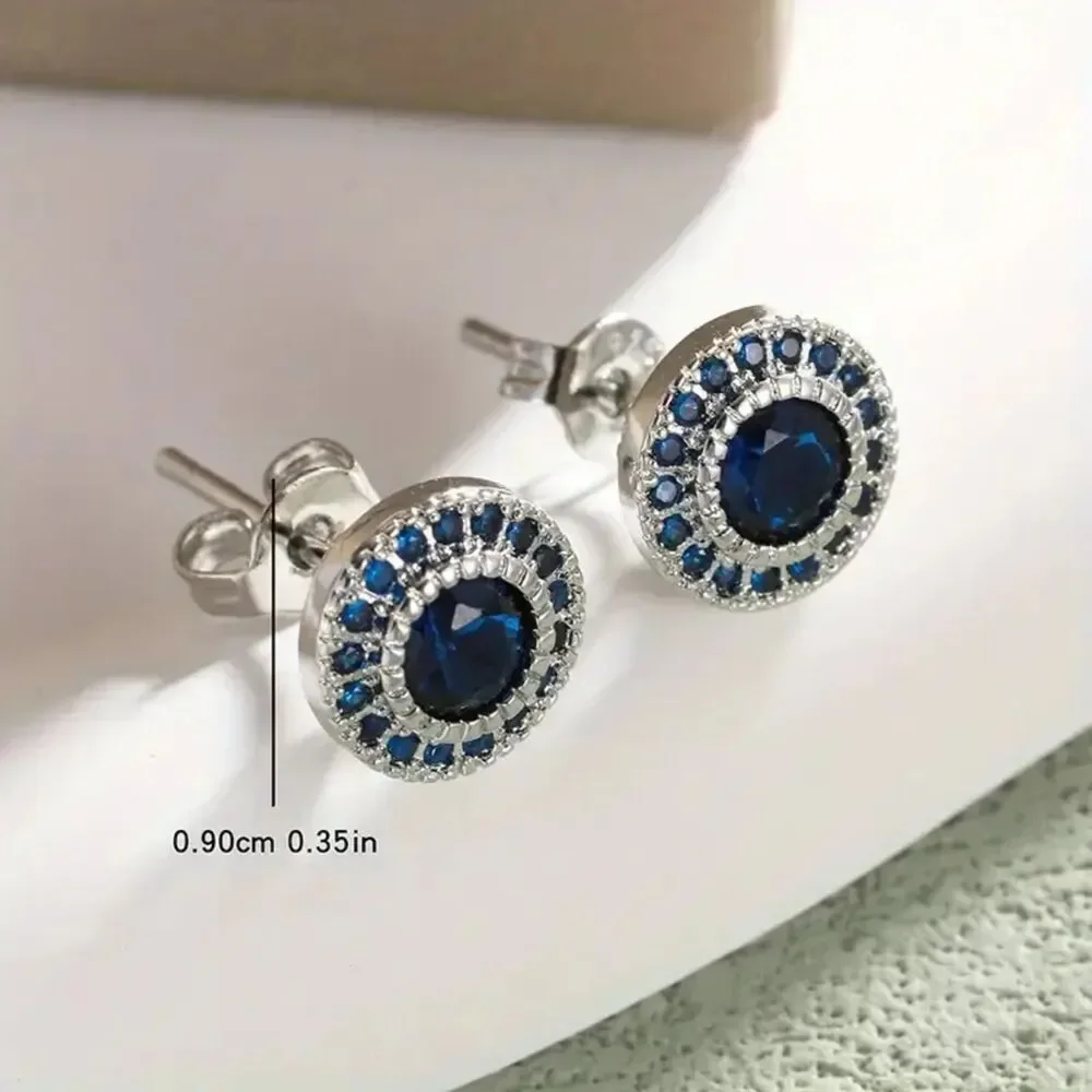 Round Multi Blue Zirconia Crystal Stud Earrings Silver Post Gemstone Elegant New